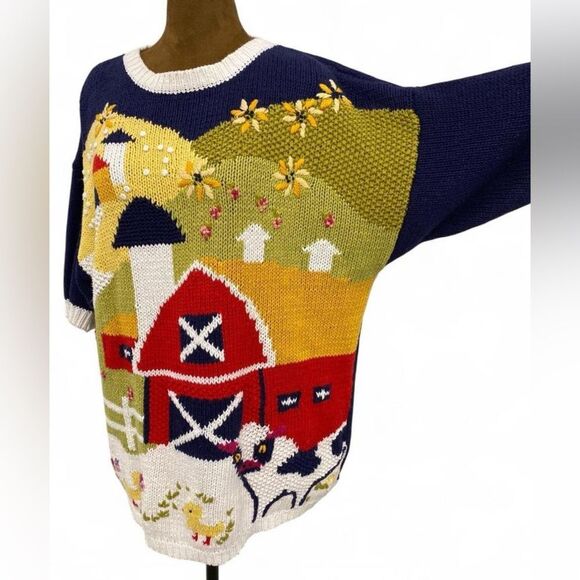 Cottagecore Novelty Vintage Farm Chunky Knit Cotton Blend Sweater - Picture 3 of 8